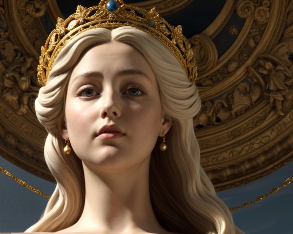 Regal figure with crown and ornate architectural background