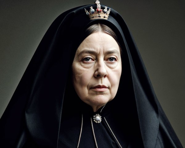 Solemn Older Woman in Black Veil and Regal Crown