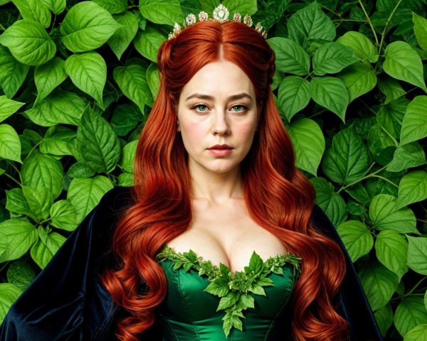 Woman with Red Hair in Green Dress Among Leaves