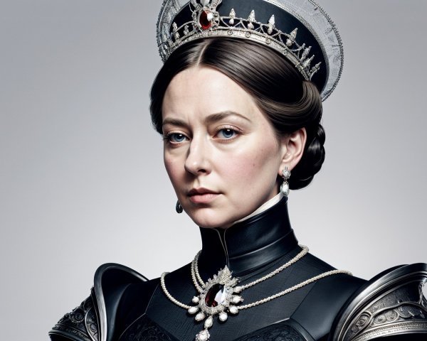 Regal figure in elaborate armor and striking crown