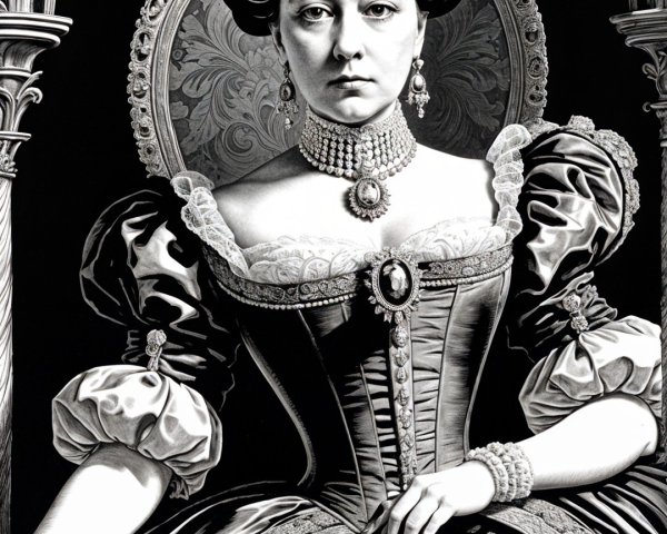 Victorian-era regal figure in intricate attire and crown