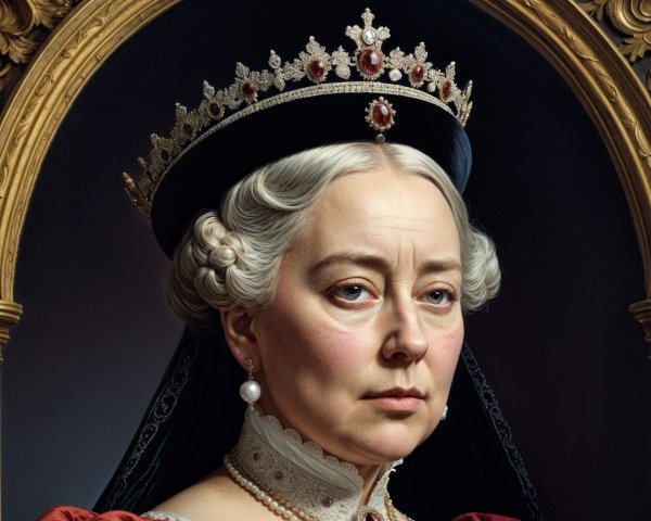 Regal Woman in Elaborate Crown and Detailed Gown