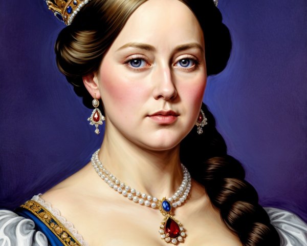 Regal woman in blue gown with jeweled crown and pearls