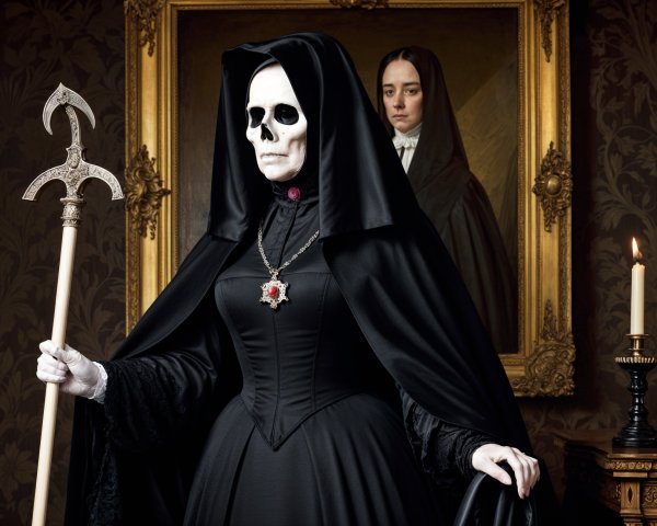 Elegant figure in black gown with skull staff