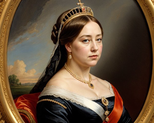 Regal Portrait of a Woman in Black Gown and Crown