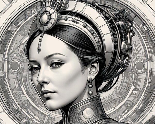 Black-and-white illustration of a woman with headdress