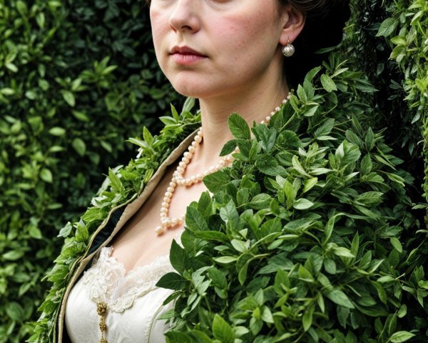 Regal woman in gown and crown amidst lush greenery