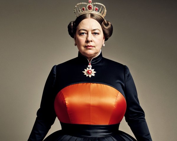 Regal figure in formal gown with crown and insignia
