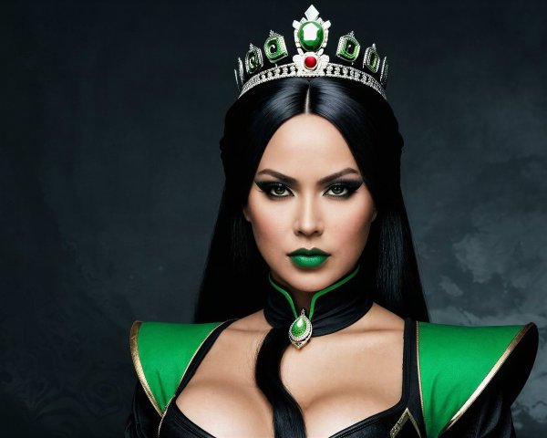 Woman with Dark Eyes and Green Lipstick in Crown