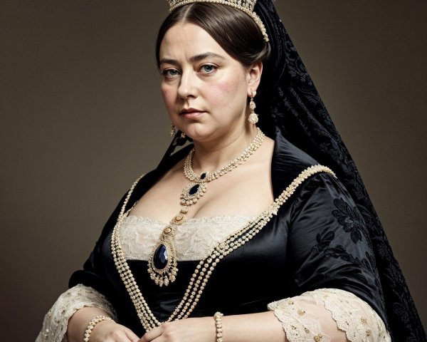 Regal Woman in Opulent Black Gown with Crown and Jewelry