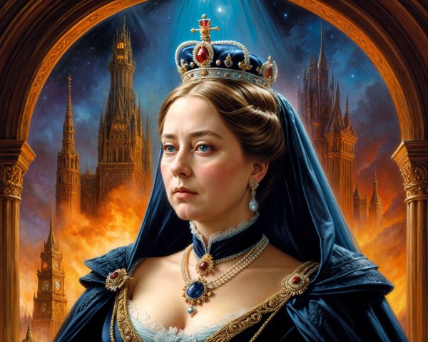 Regal Woman in Royal Blue Gown with Gothic Backdrop