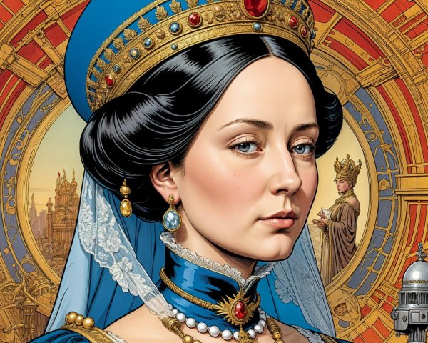 Regal woman in blue gown with crown and veil