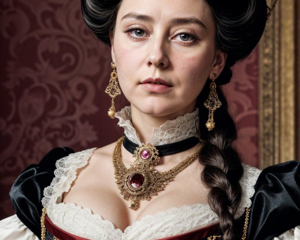 Steampunk-Inspired Gown Against Rich Red Backdrop