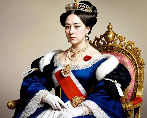 Regal Woman in Blue Gown on Ornate Golden Chair