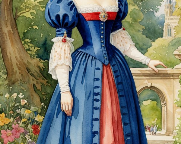 Regal Woman in Elegant Gown in Lush Garden Setting