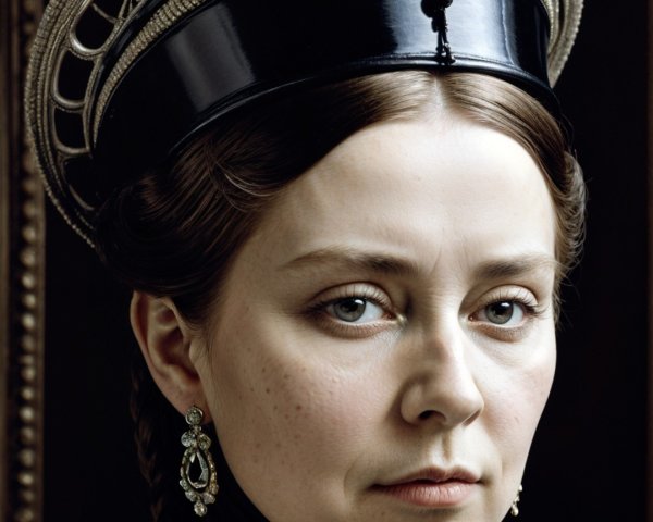 Regal figure in black attire with intricate crown and jewelry