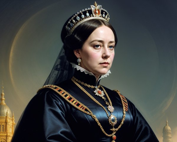 Regal Woman in Ornate Black Gown and Jewelry