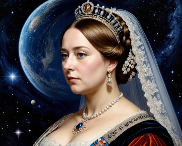 Regal Figure in Historical Gown Against Cosmic Backdrop