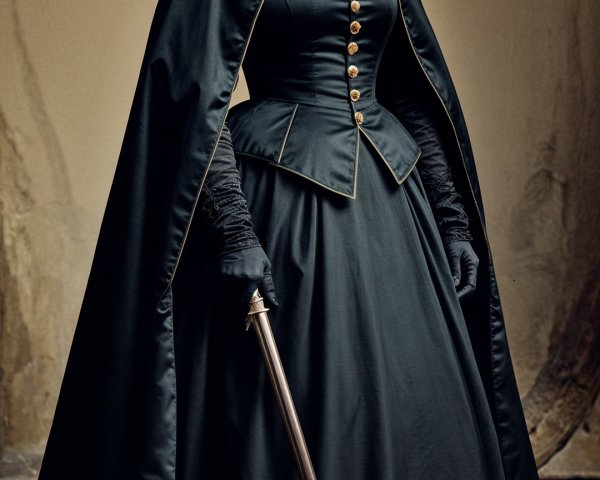 Elegant Woman in Dark Ensemble with Cape and Cane