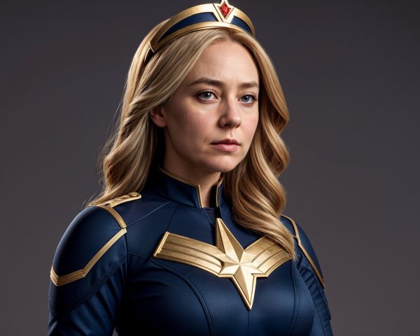 Woman in Navy Blue Superhero Costume with Gold Star