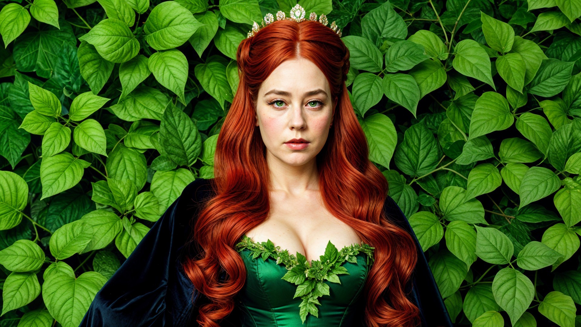Woman with Red Hair in Green Dress Among Leaves