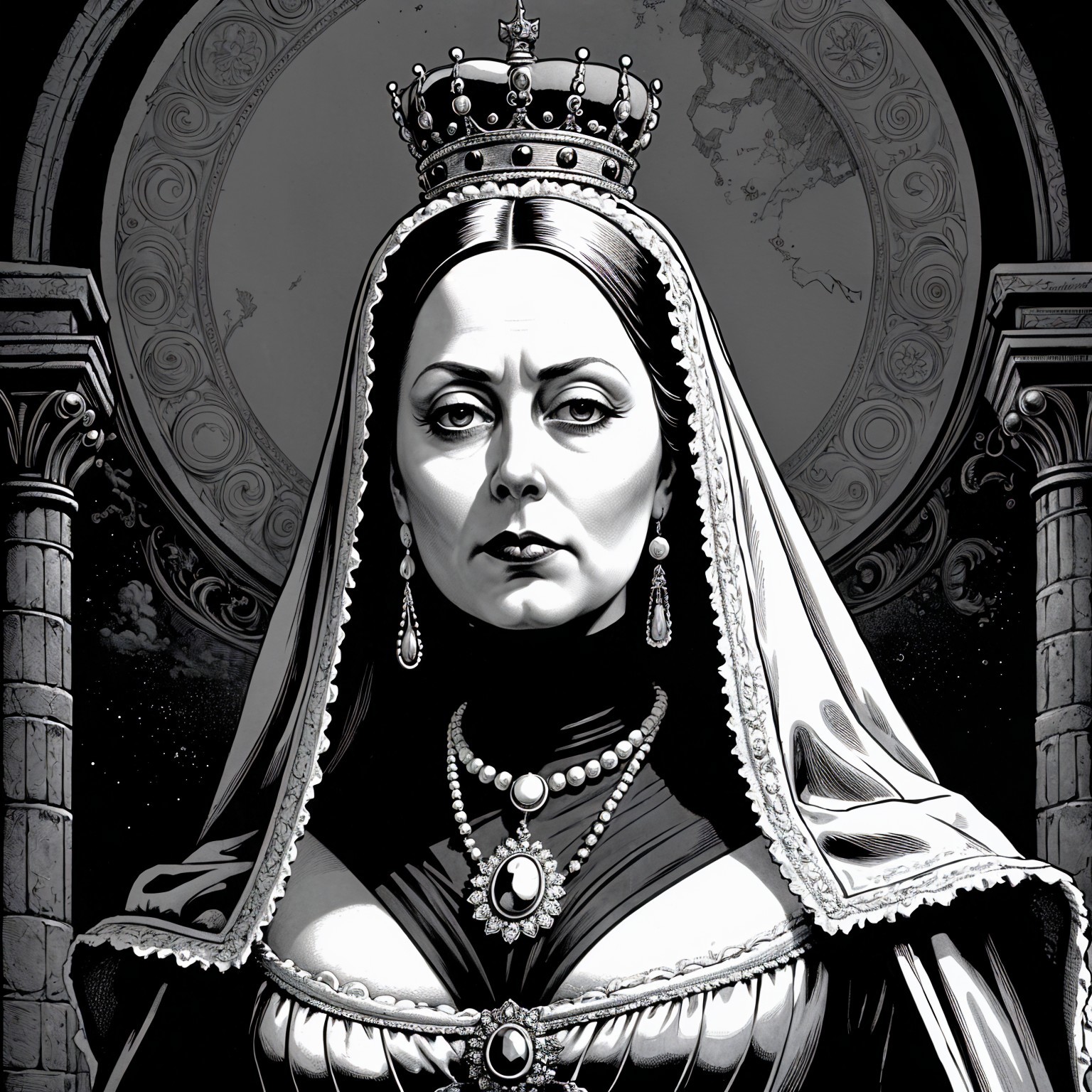 Regal Figure in Luxurious Gown with Crown and Columns