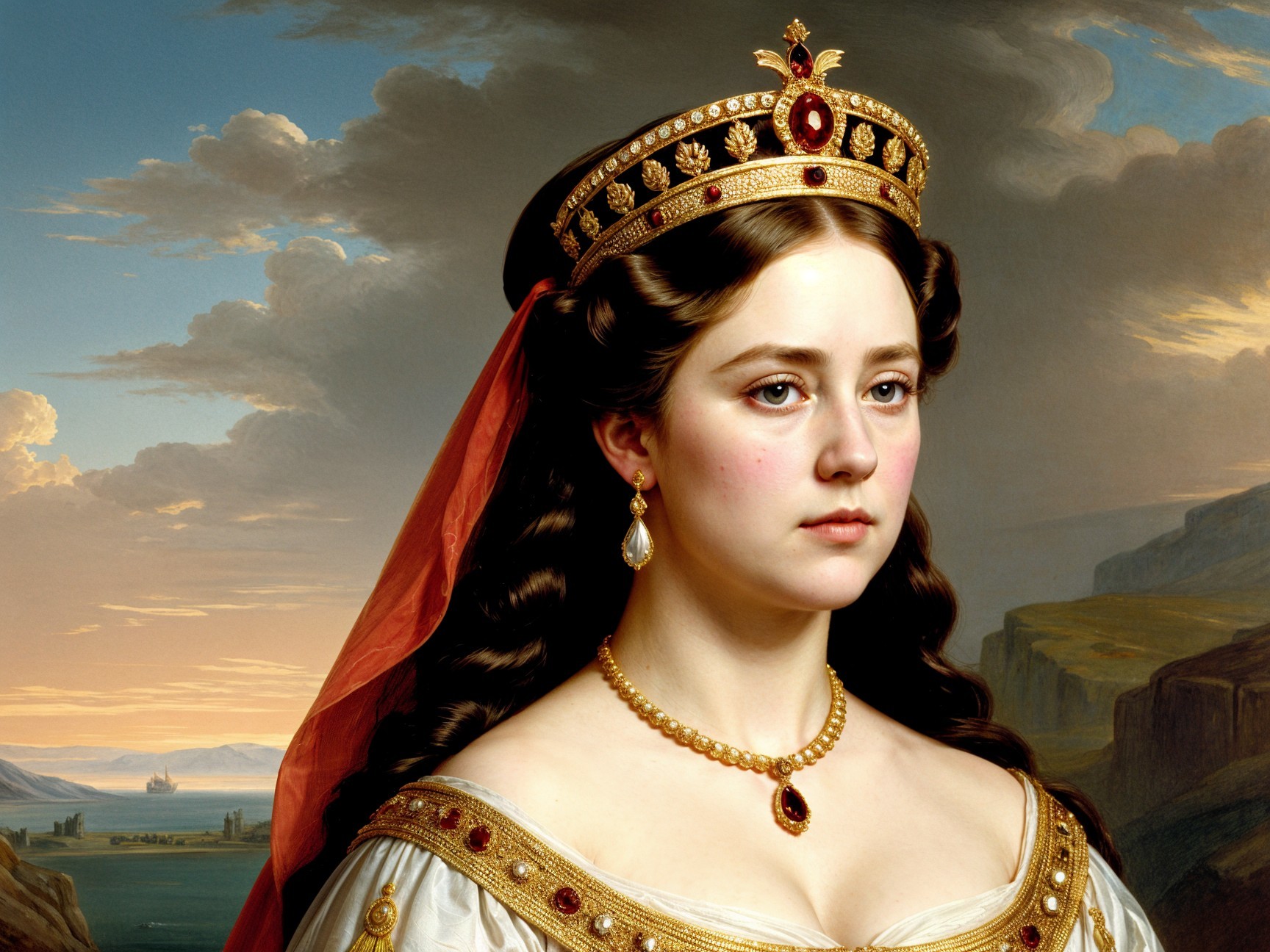 Regal Woman in White Gown with Sunset Backdrop