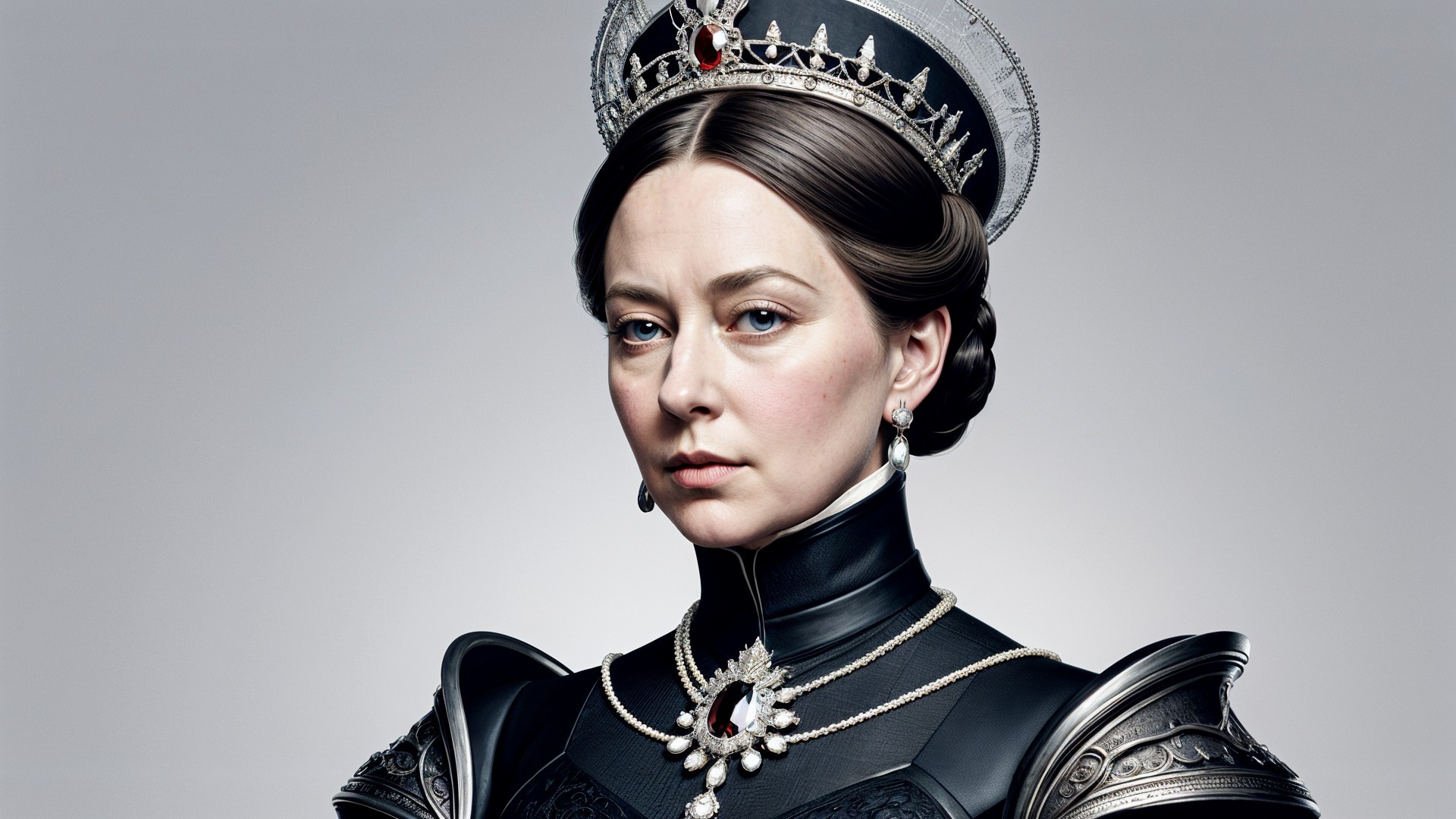 Regal figure in elaborate armor and striking crown