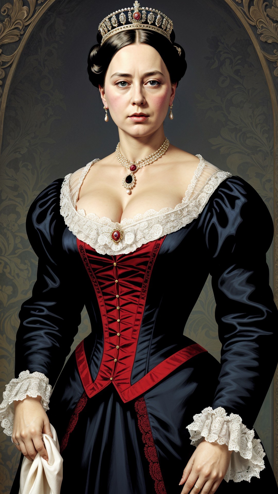 Regal Woman in Dark Blue Gown with Red Corset