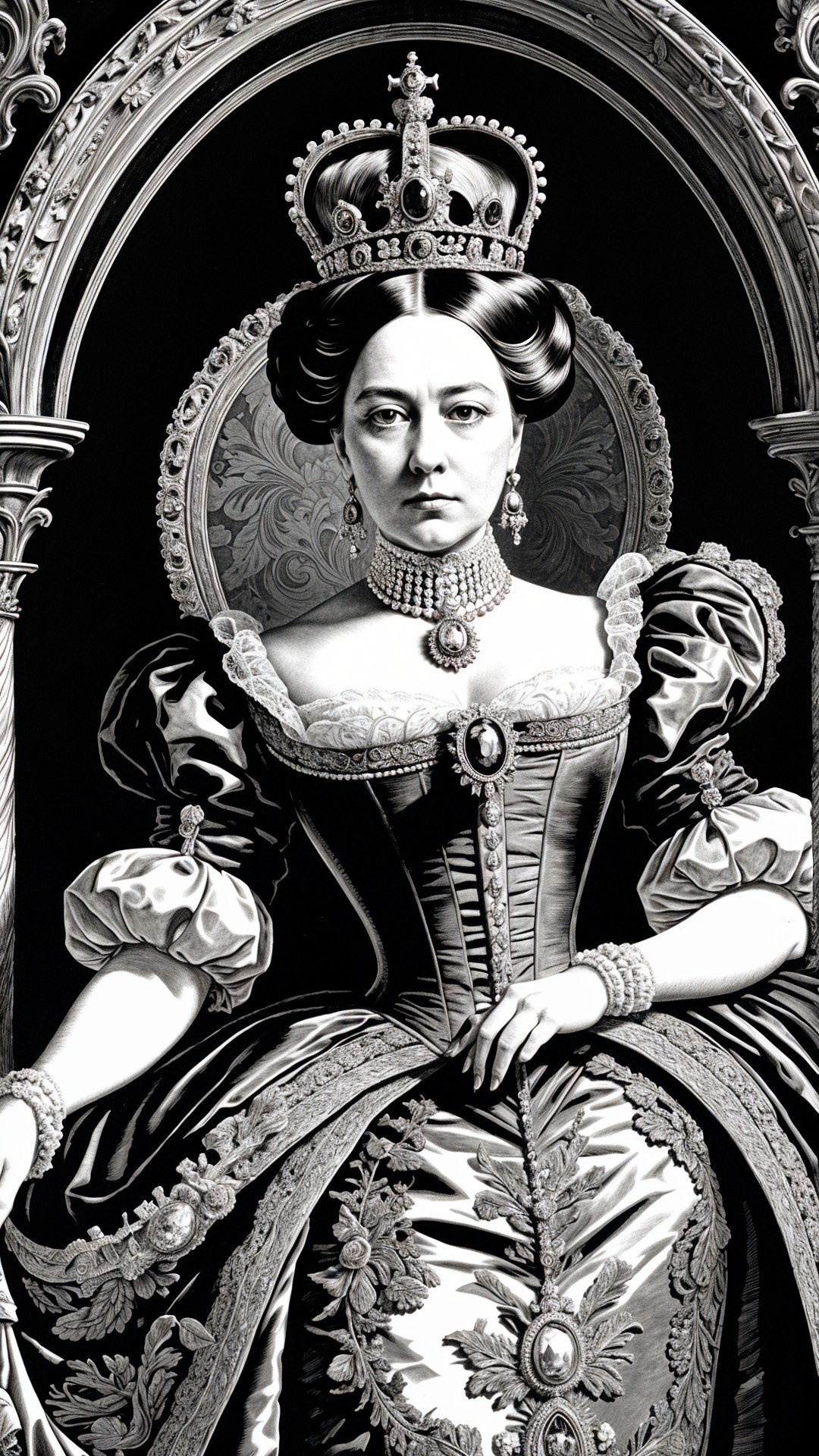 Victorian-era regal figure in intricate attire and crown