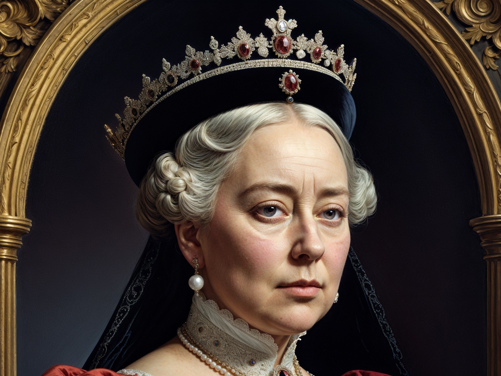 Regal Woman in Elaborate Crown and Detailed Gown