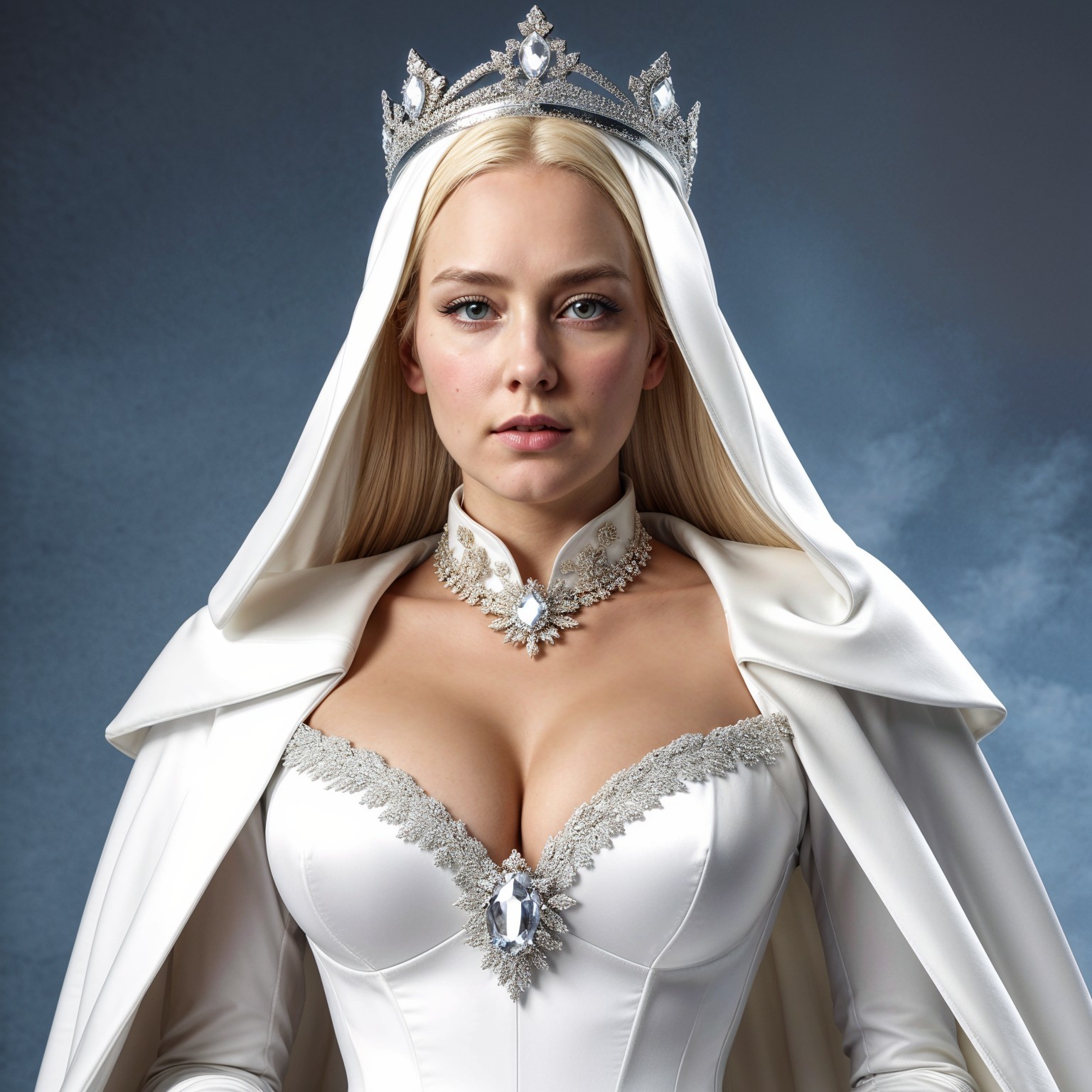 Regal figure in elegant white attire with silver details