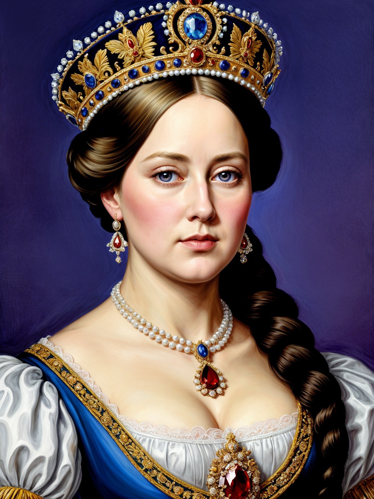 Regal woman in blue gown with jeweled crown and pearls