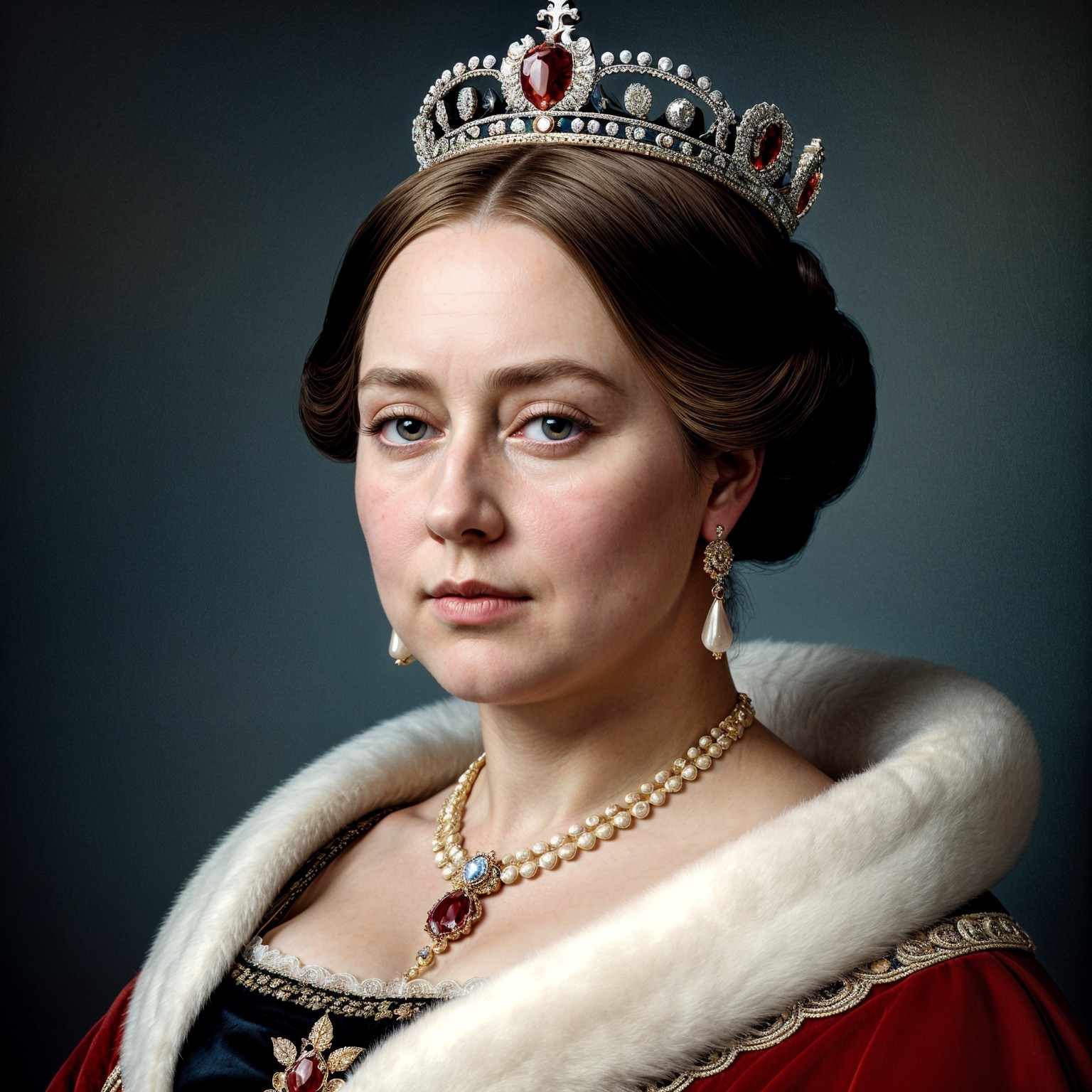 Regal Woman in Luxurious Crown and Elegant Gown