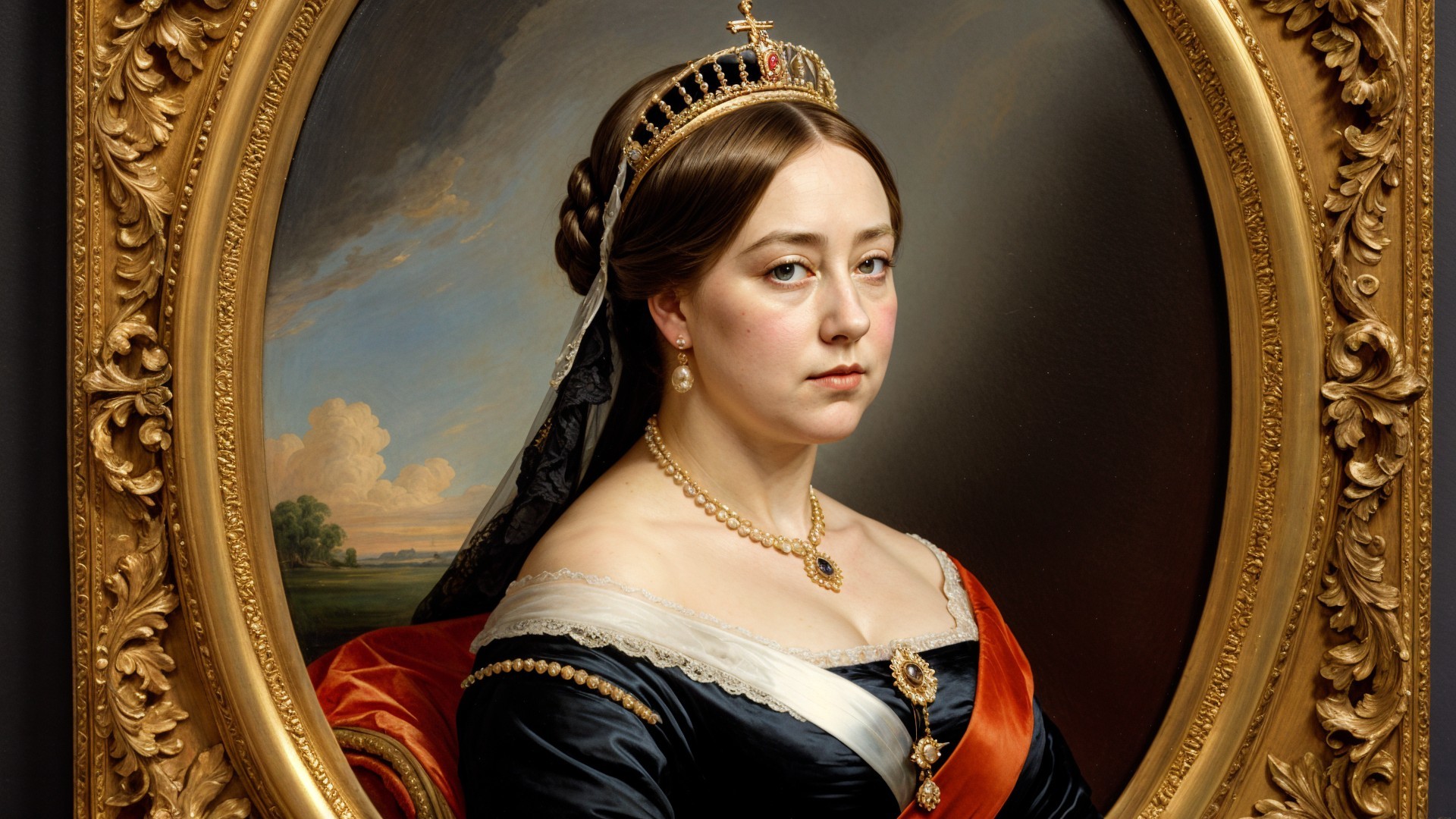 Regal Portrait of a Woman in Black Gown and Crown