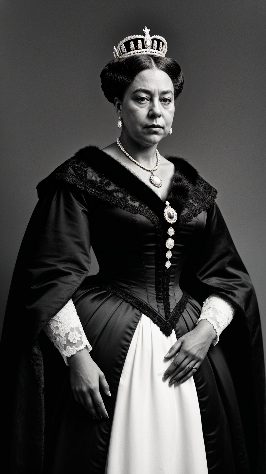 Regal Figure in Elaborate Black and White Gown