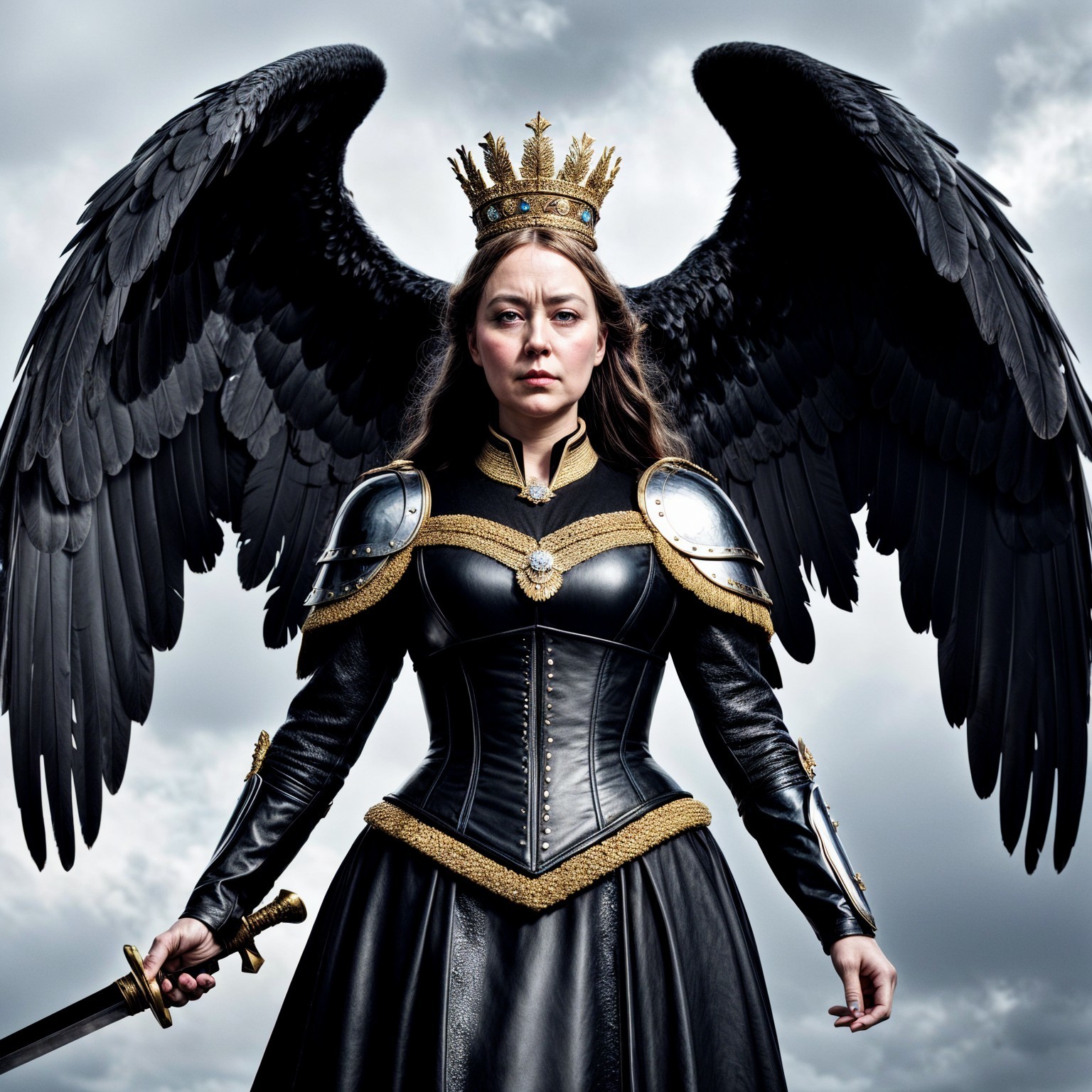 Warrior queen in black armor with majestic wings