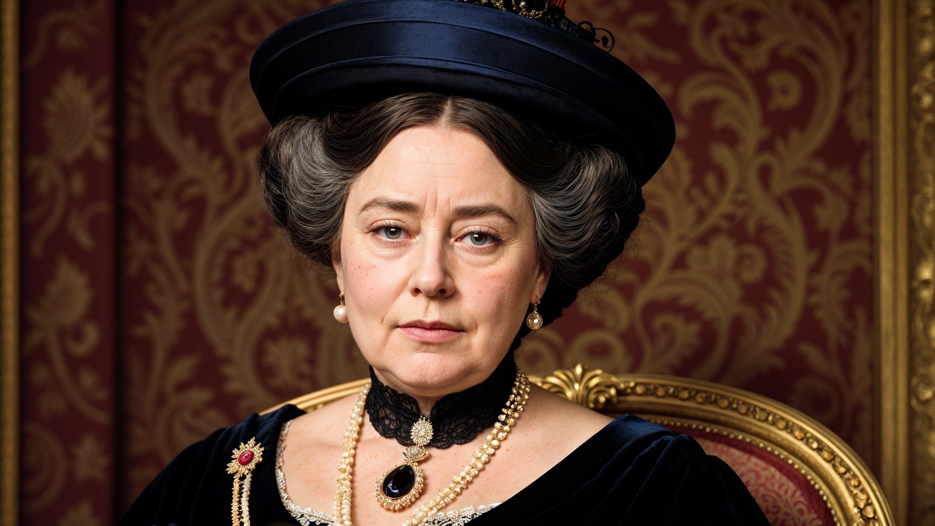 Victorian Woman in Elegant Attire in Ornate Room