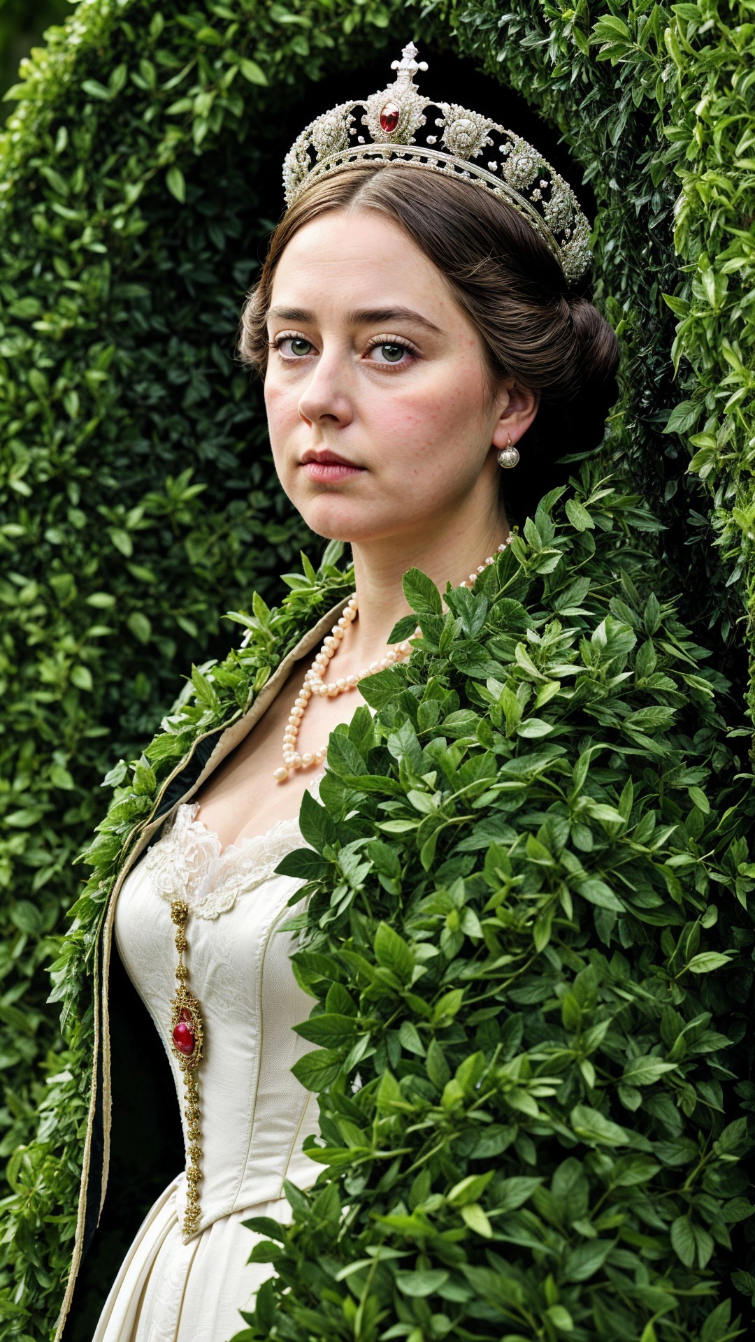 Regal woman in gown and crown amidst lush greenery