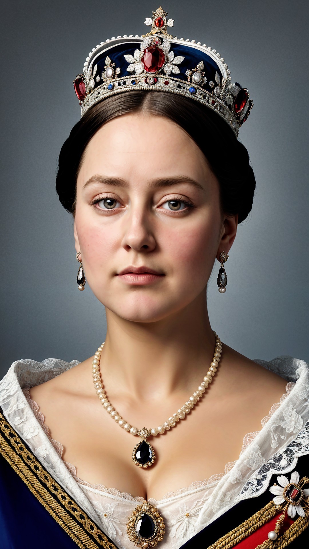 Regal figure in elaborate gown and majestic crown