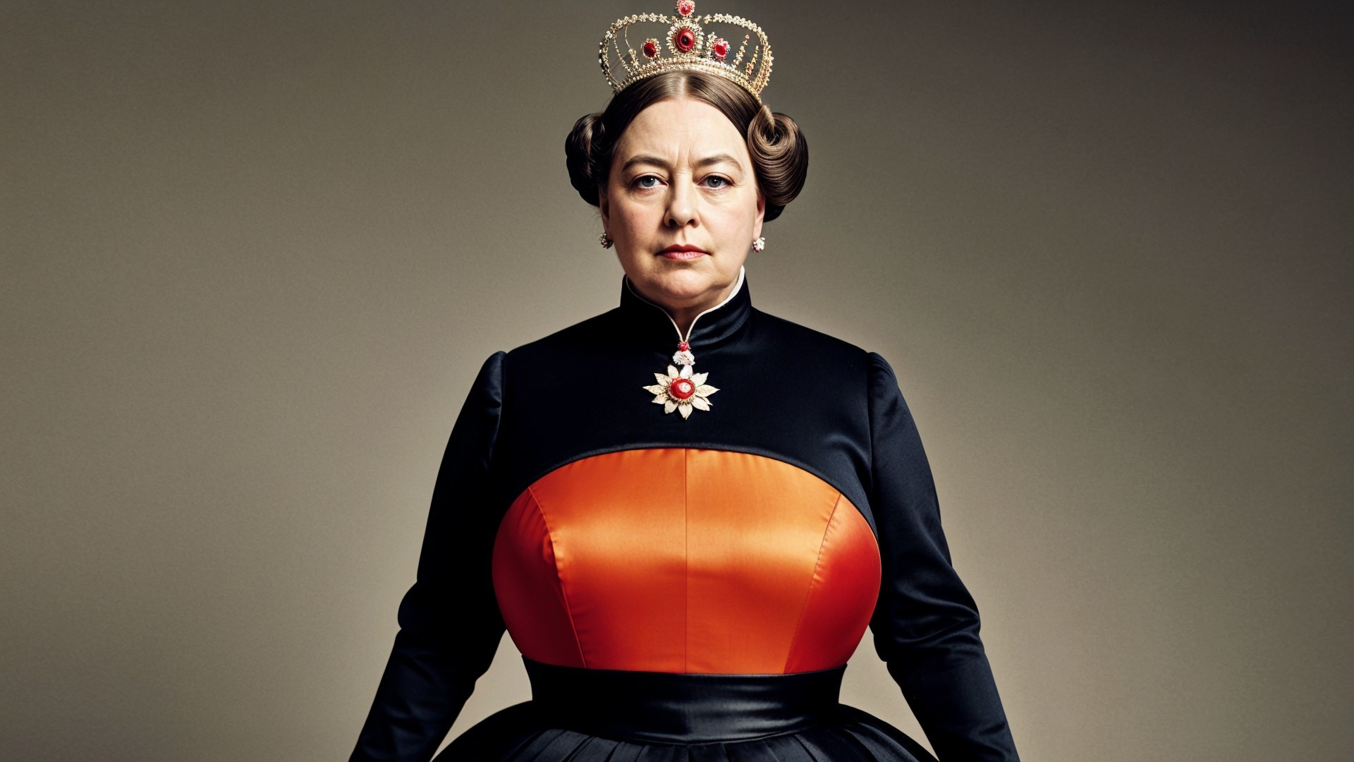 Regal figure in formal gown with crown and insignia