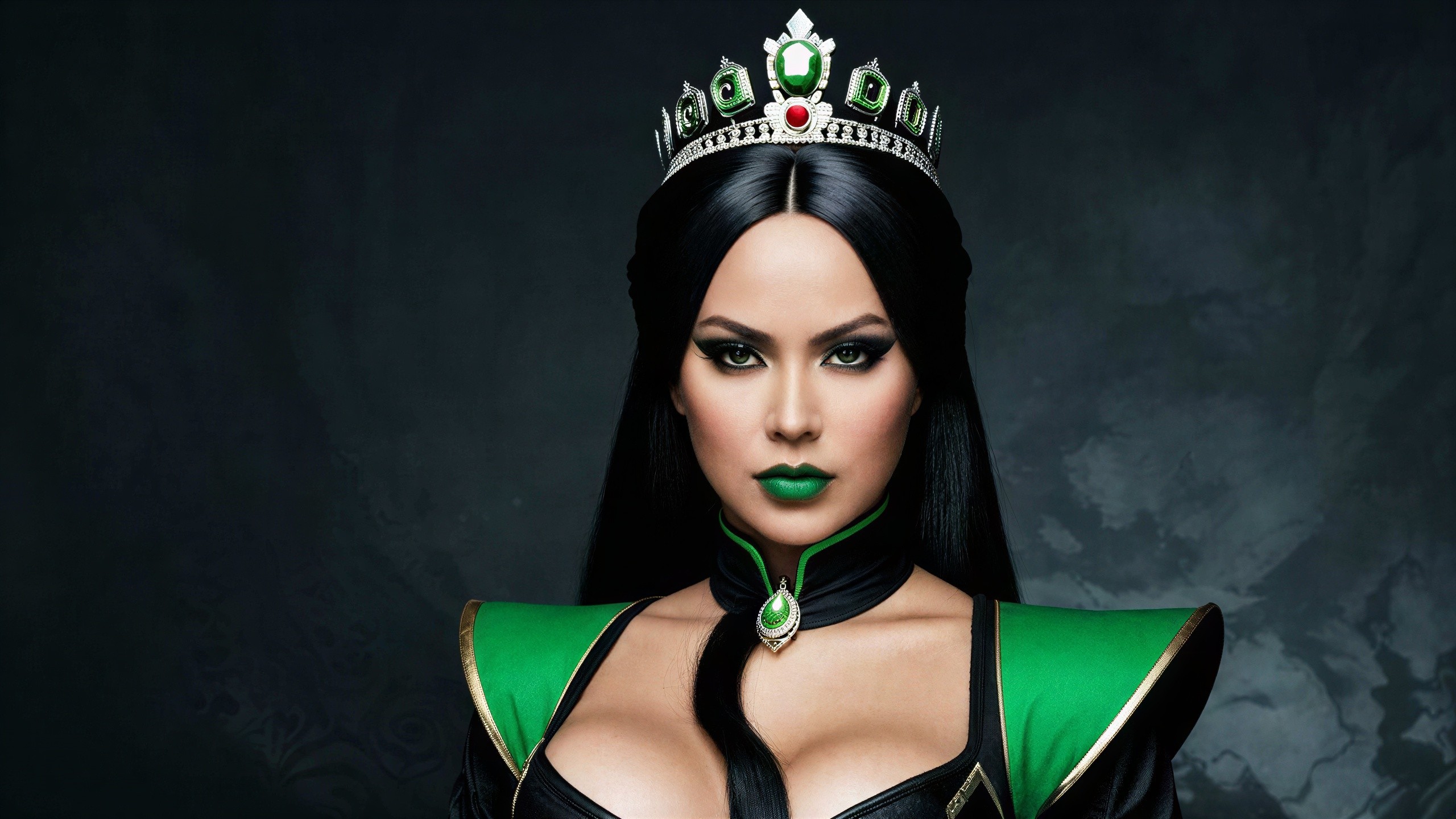 Woman with Dark Eyes and Green Lipstick in Crown