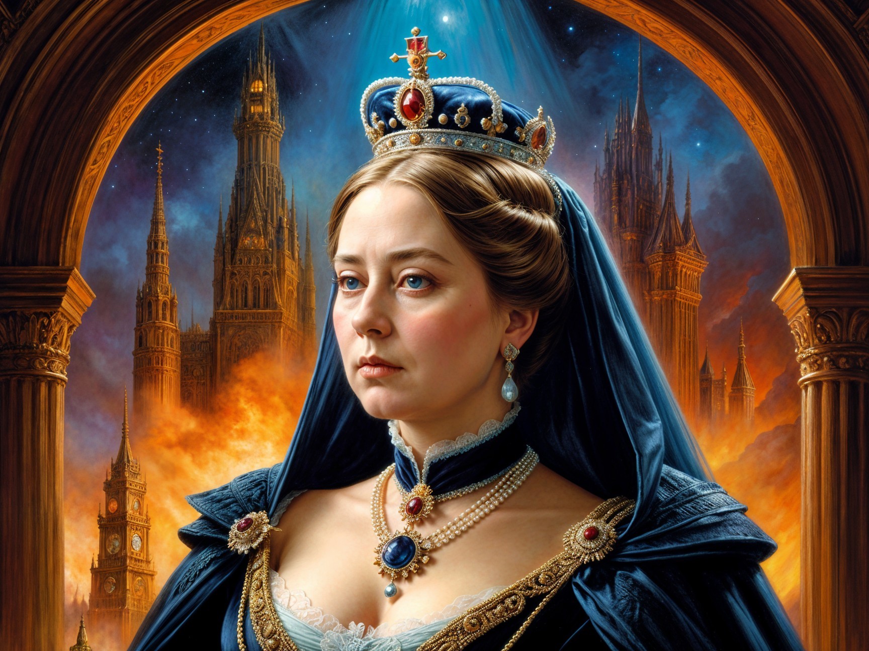Regal Woman in Royal Blue Gown with Gothic Backdrop