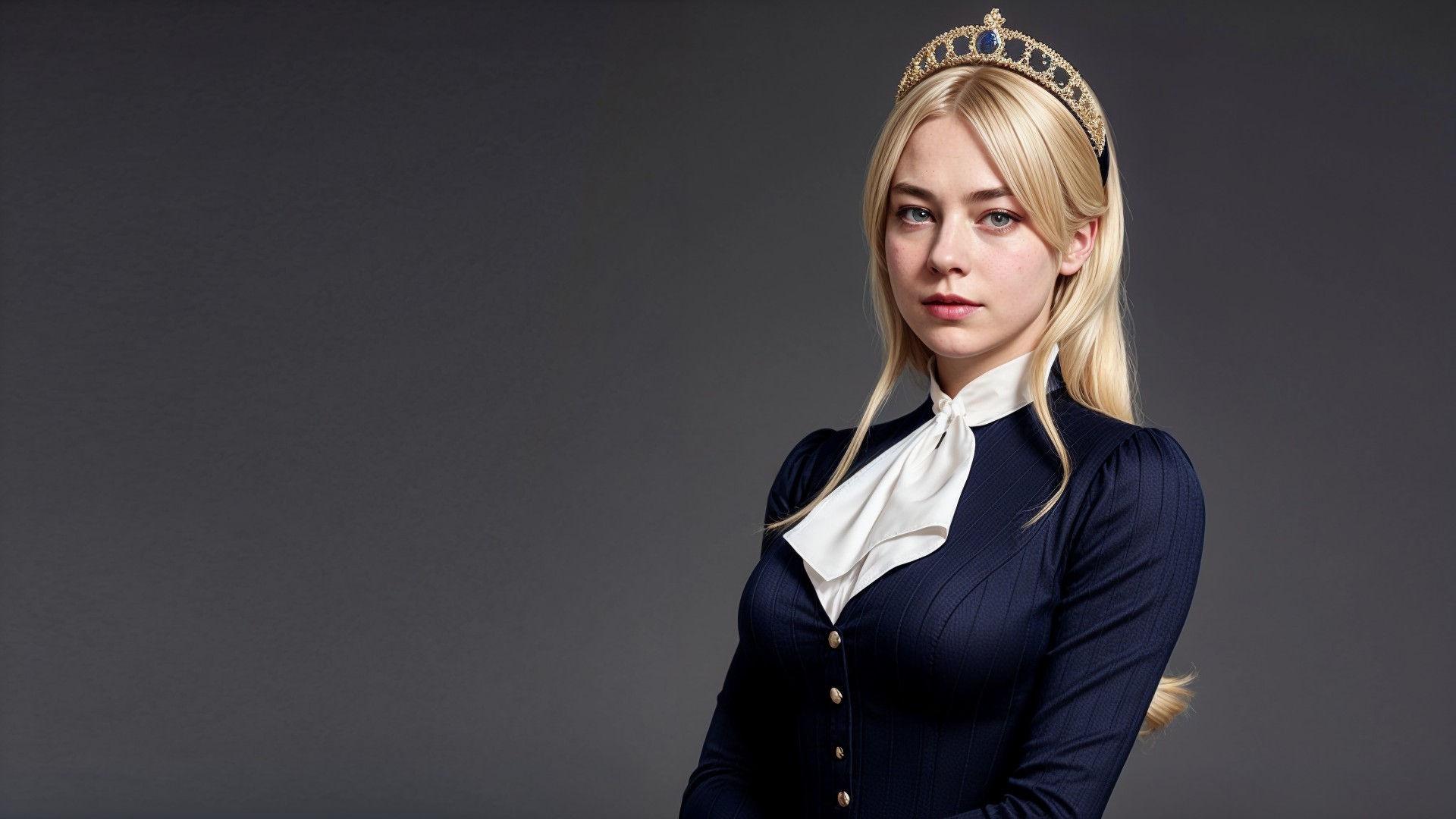 Blonde Woman in Gold Crown and Navy Blue Garment