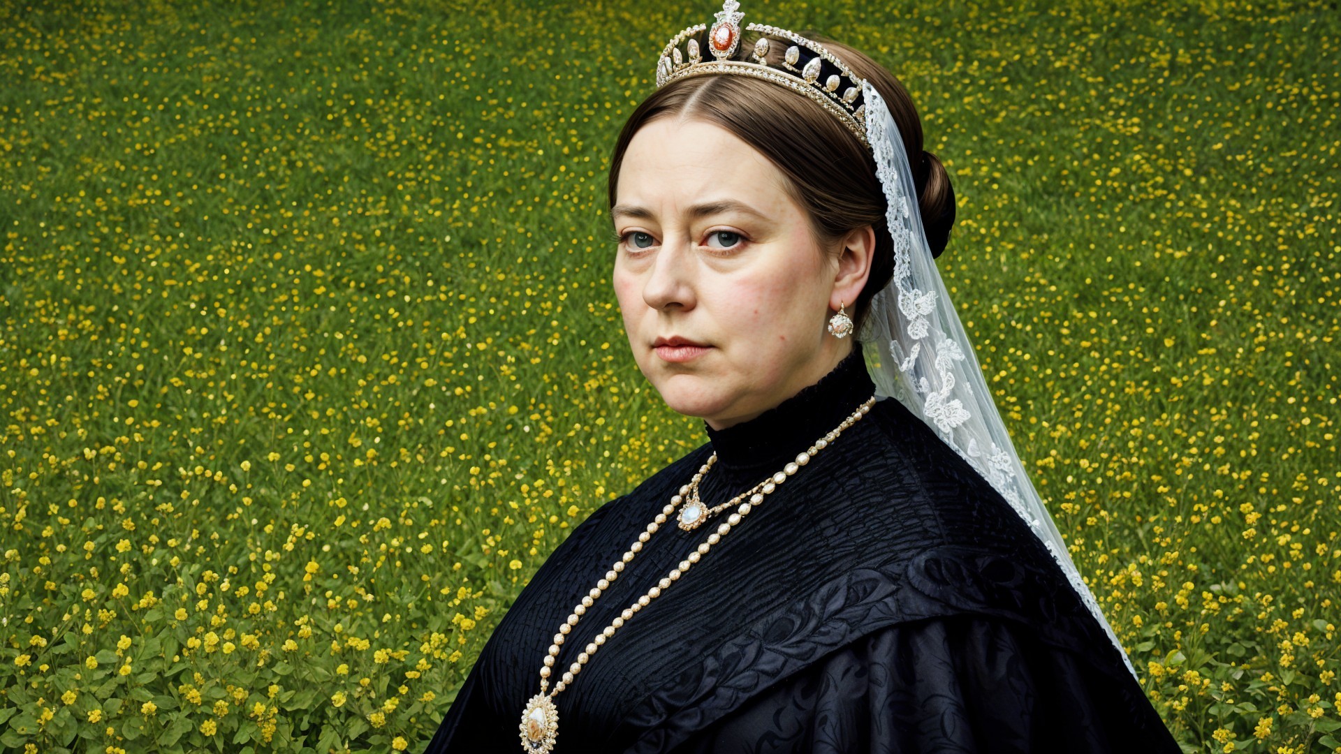 Waist-Up Portrait of Woman in Black Dress and Veil