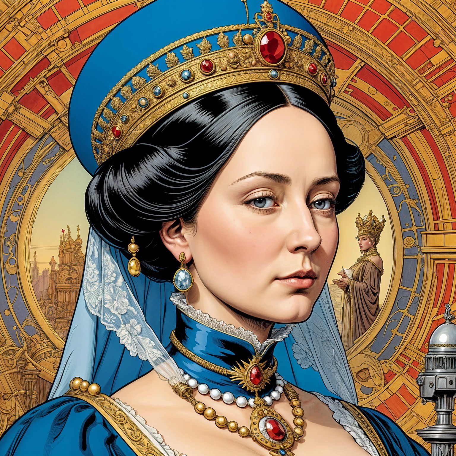 Regal woman in blue gown with crown and veil