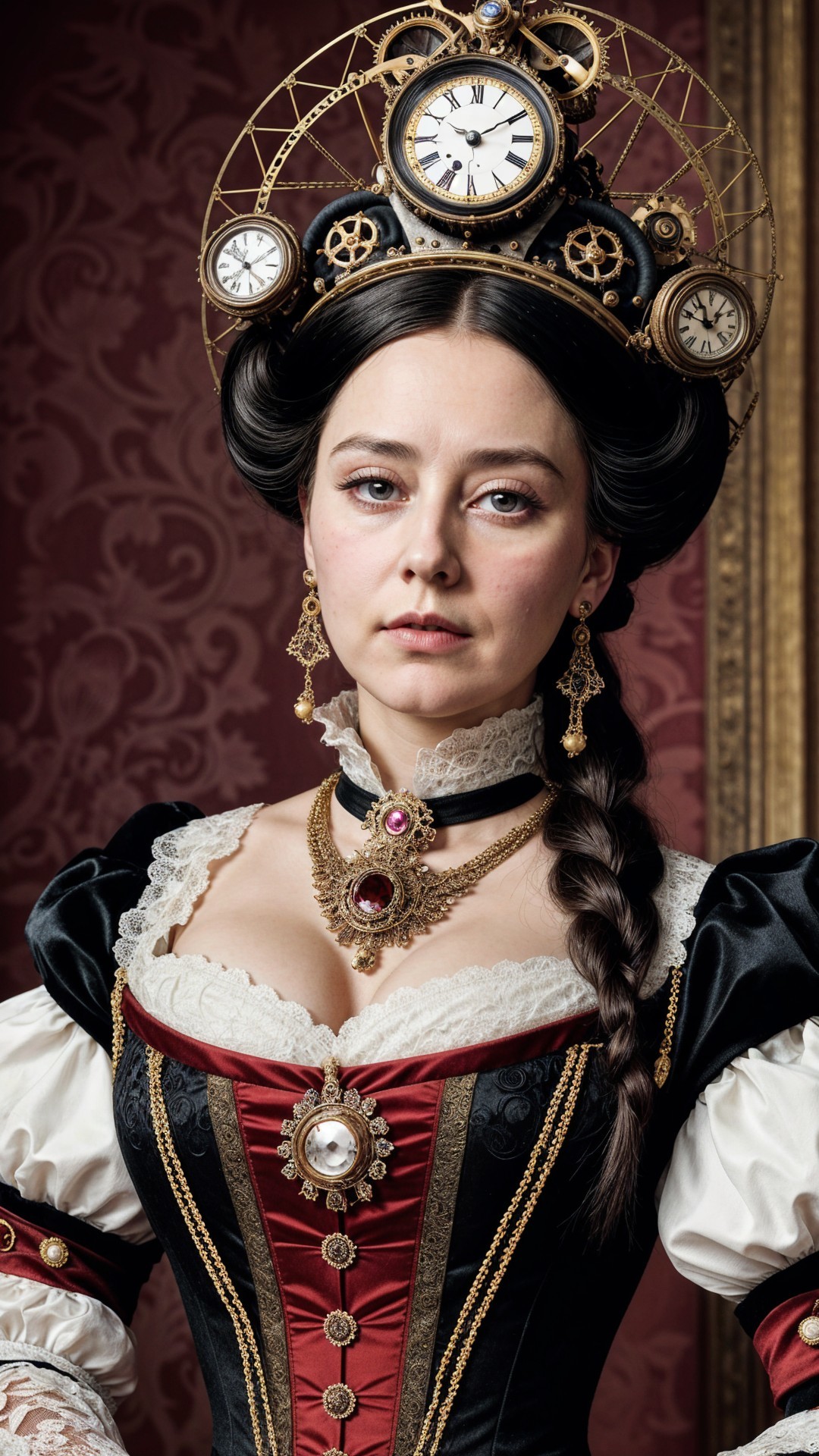 Steampunk-Inspired Gown Against Rich Red Backdrop