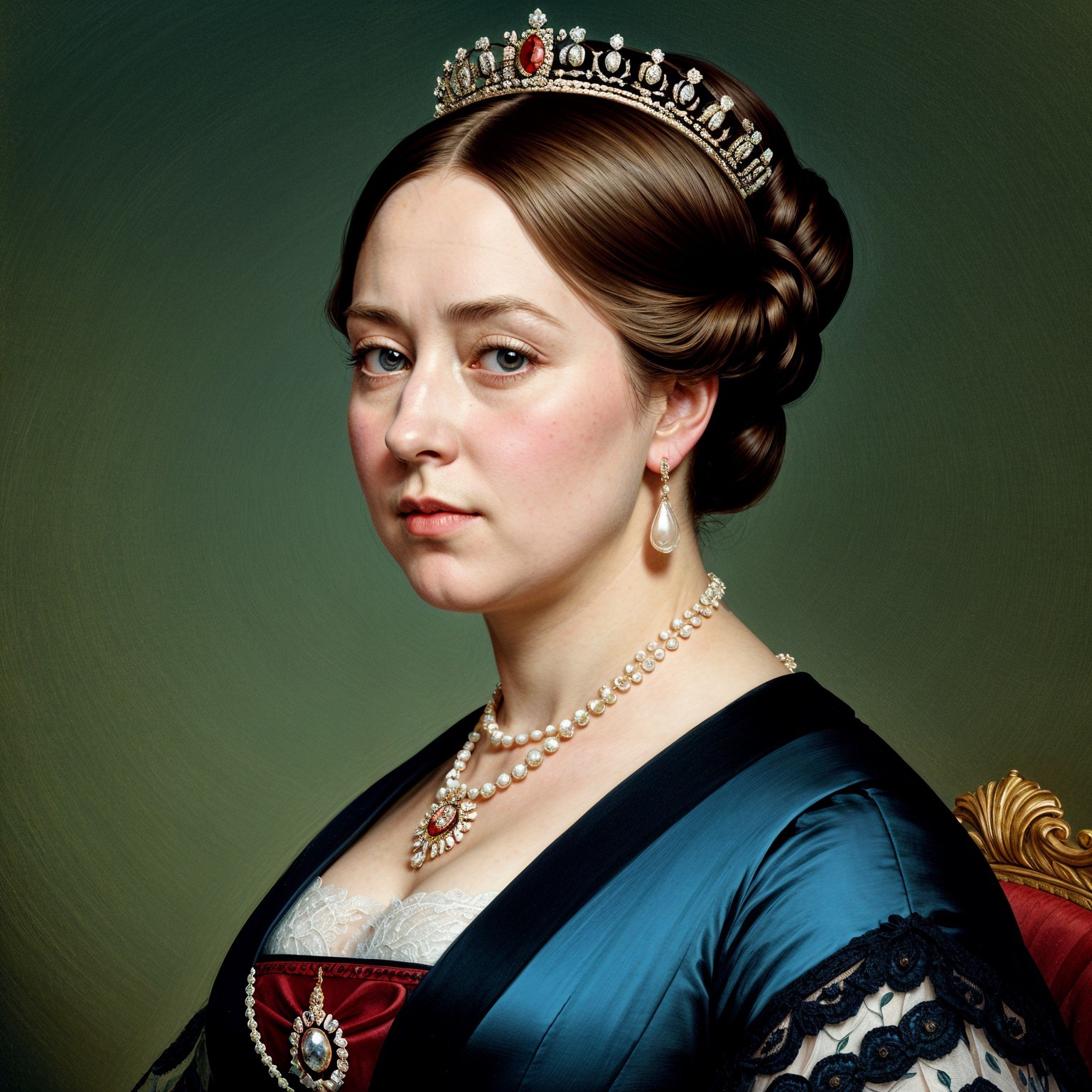 Regal Woman in Blue Gown with Tiara and Pearls