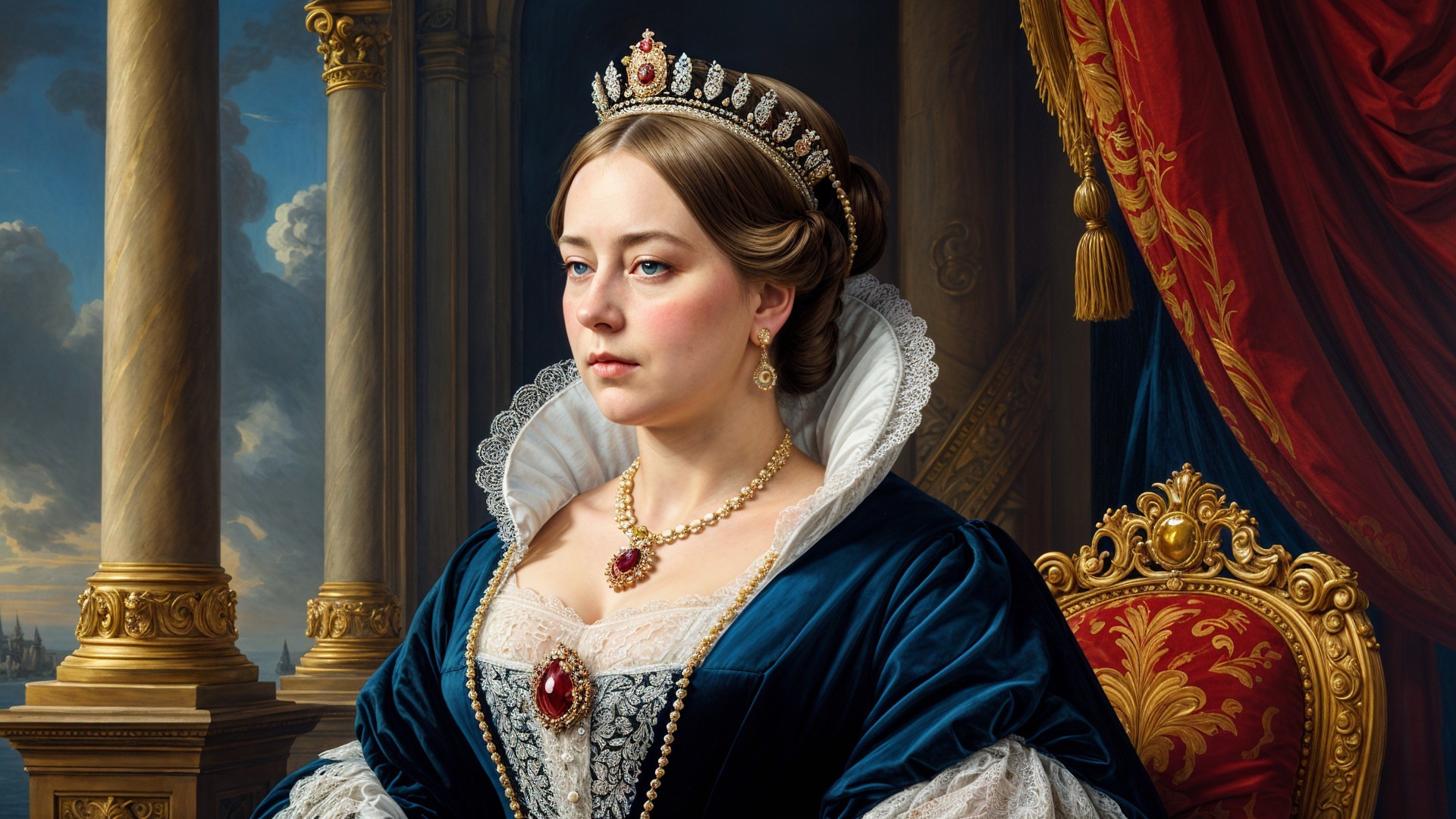Regal portrait of a woman in an opulent blue gown