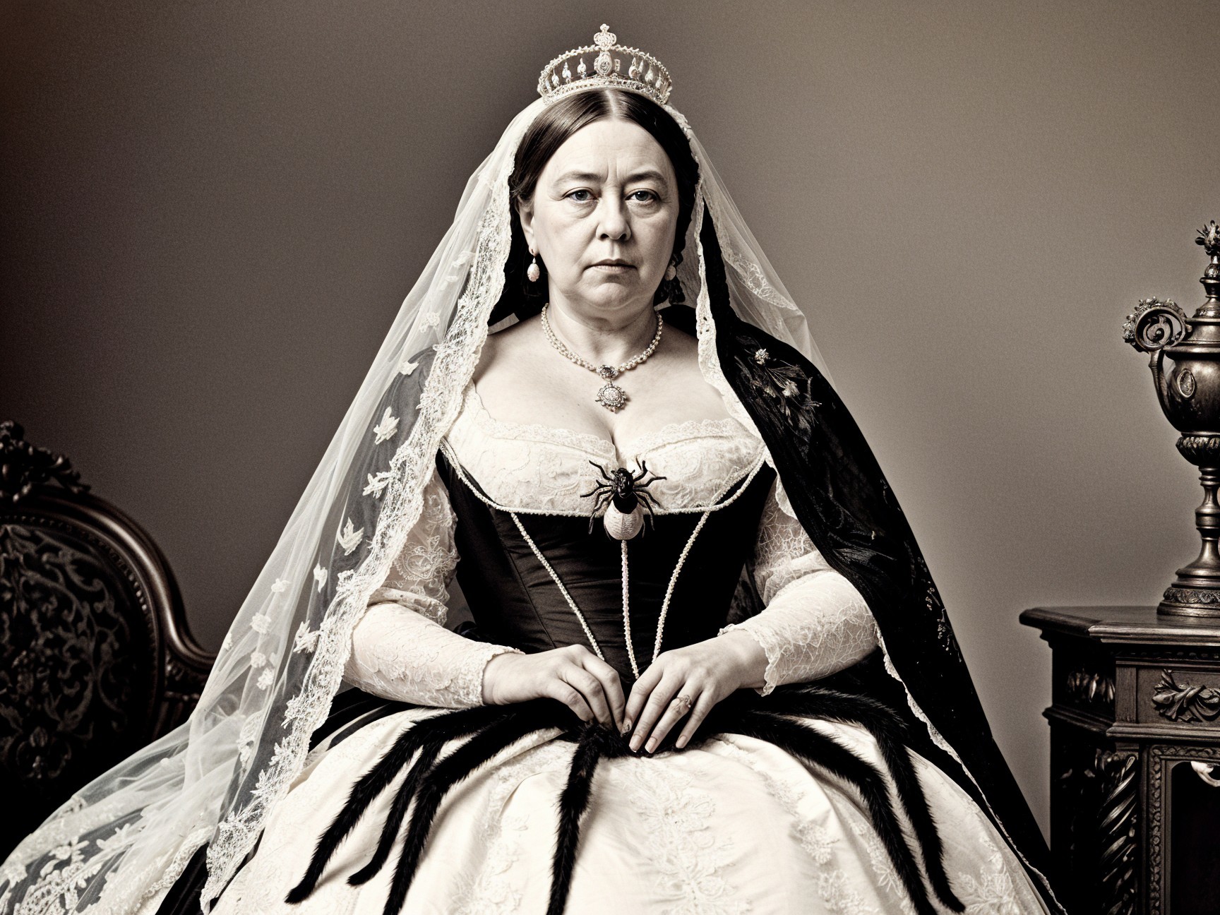 Regal Woman in Lavish Black and White Gown